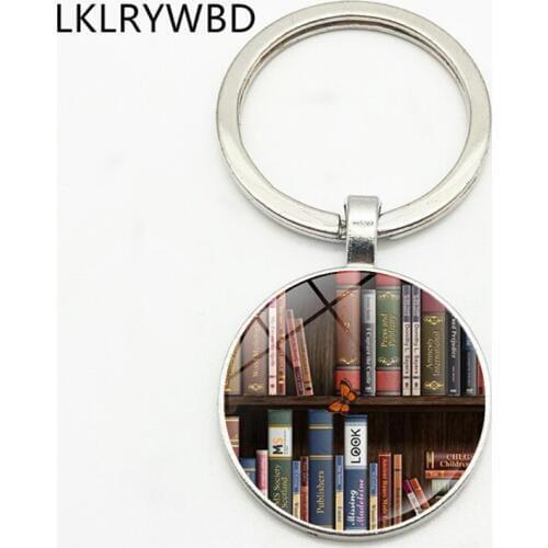 LKLRYWBD Literary Library Bookshelf Keyring Keyring Jewelry Pendant Convex Glass Keychain Friends Gift