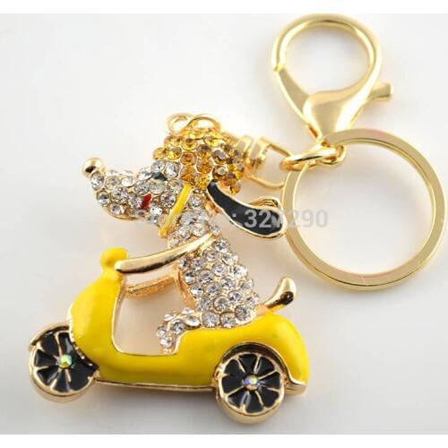 Lovely Yellow Riding Motorcycle Dog Keychain Full Of Rhinestone Paved Key Ring Bag Decoration Birthday Gift