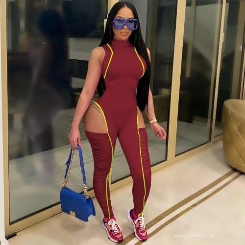 Neon Striped Mesh Patchwork Womens Romper Sexy Sleeveless Side Hollow Out Fitness Jumpsuit Hipster Pleated See Through Outfit