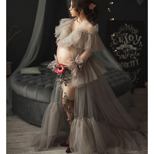 Off the Shoulder Maternity Gown for Photoshoot Kimono Tiered A Line Prom Gowns Puffy Tulle Long Sleeves Cloak Maternity Dress