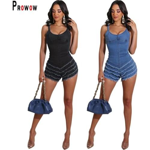 Prowow Sexy Denim Playsuits for Women Laminated Fashion Zipper Female Romper Sleevelss Summer One Piece Jumpsuit Outfits