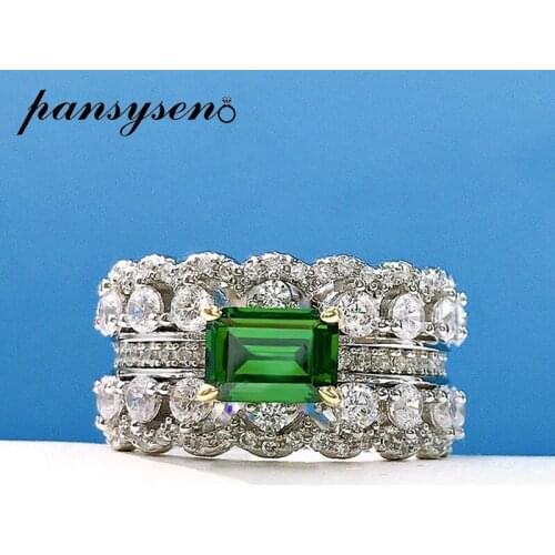 PANSYSEN Luxury Created Moissanite Emerald Gemstone Rings for Women Men Anniversary 925 Sterling Silver Fine Jewelry Wholesale