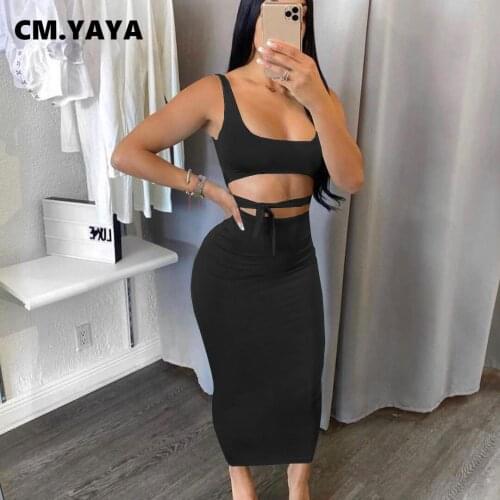 CM.YAYA Women Sexy Tie Up Crop Tops and Midi Maxi Skirts Matching Set Sexy Bodycon Outfits