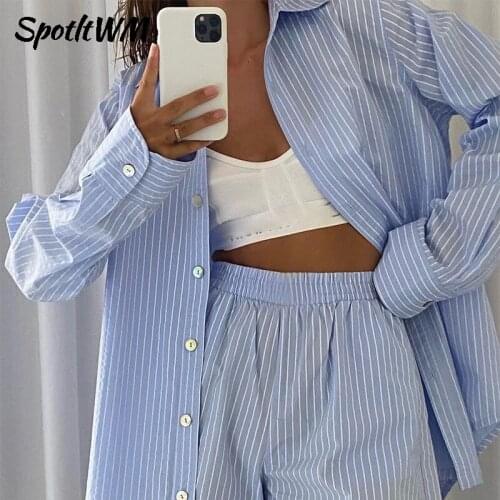 SpotLtWM Loung Wear Tracksuit Women Shorts Set Stripe Long Sleeve Shirt Tops And Loose High Waisted Mini Shorts Two Piece Set