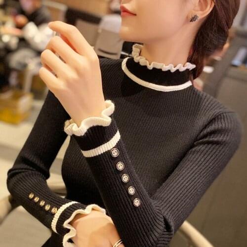 Fall Winter Women Sweater New Ruffle Turtleneck Patchwork Slim Button Long Sleeve Bottoming Pullover Sweater Ladies Black Jumper