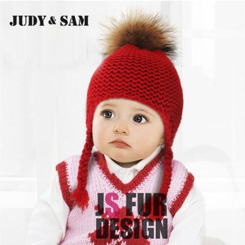 Judy&Sam Girls Winter Fur Pompom Hat Wool Knitted Bomber Hat Crochet Baby Hats Boys Beanie Caps with Real Fur Pompon