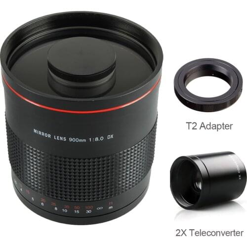 900mm F8.0 Camera Telephoto Manual Prime Mirror Lens+2X Teleconverter+T2 Adapter for Canon Nikon Pentax Olympus Sony Fuji DSLR