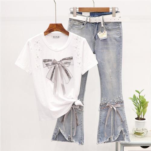 2 Piece Set Women Summer Wear New Beaded Bowknot Cotton T-shirt + Frayed Bell-bottom Jean Pants Two-Piece Set Conjunto Feminino