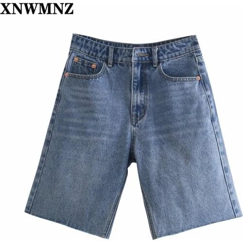 XNWMNZ Women Vintage Blue Denim Shorts mid-rise denim bermuda shorts Female Retro Casual pocket faded ripped Shorts Pantalones