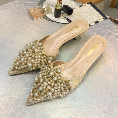 Ladies Female Kitten Heels Mules Shoe Half slippers Women Pointed Toe Pumps Pearl High Heels Fashion Loafers Slip-on Shoes