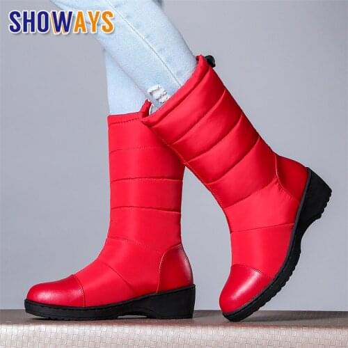 2021 Autumn Winter Women Mid-calf Snow Boots Waterproof Red Blue Warm Down Fur Wedge Platform Crystal Ladies Slip-on Half Boots