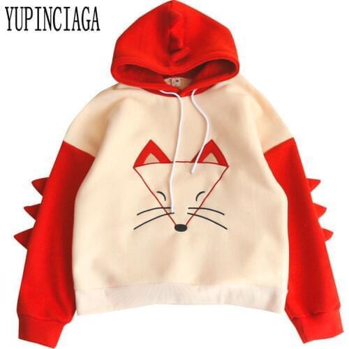 YUPINCIAGA Japanese Mori Women Cartoon Embroidered Fox Warm Pullovers Long Sleeve Harajuku Hooded Women Hoodies Girls