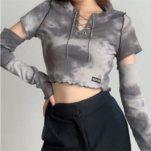 Womens Rib Knit Crop Tops Fashion Tie Dye Print Long Sleeve Lace Up V Neck T-Shirts Autumn Clothes