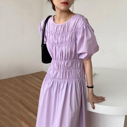 Simple Folds Dress Women O-neck Korean Chic Vintage Puff Sleeve Maxi Dress Elegant Female High Waist Mid-calf A-line Dress Women