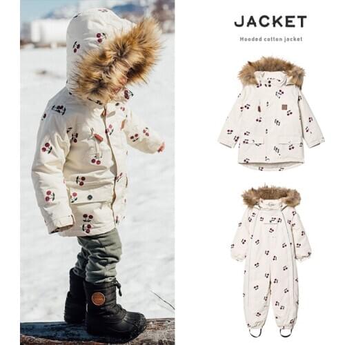 Winter Ku Same Boys and Girls Classic Cotton Coat Cherry Windproof Waterproof Thickened Hooded Jacket Ski Suit 2020