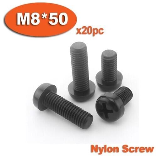 20pcs DIN7985 M8 x 50 Black Plastic Nylon Pan Head Phillips Screw Cross Recessed Raised Cheese Head Screws