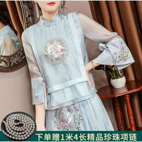 2021Traditional Qipao Shirt Chinese Style Clothing Women Tang Suit Cheongsam Floral Tops+Pleated Skirt Women Hanfu Set NCZ6
