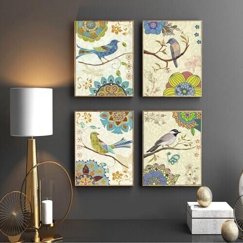 American Vintage Watercolor Flowers and Birds on Tree Canvas Painting Art Print Poster Wall Art Picture Home Decor