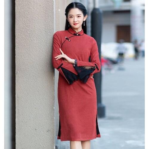 Free shipping New Han elements in autumn and winter of 2019 Republic of China style retro lace sleeve double cheongsam skirt