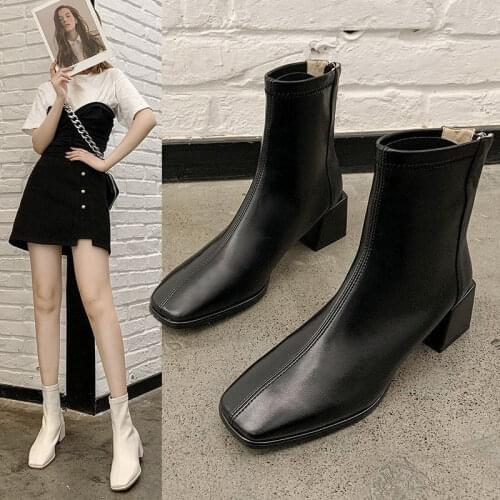 Thick-heeled Soft Leather Short Boots Womens Winter Velvet Autumn New Mid-heel Small Thin Thin Boots Ins Tide