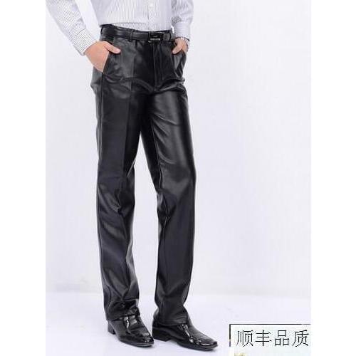 Faux leather trousers water wash plus velvet thicken slim straight loose autumn and winter motorcycle leather pants men black