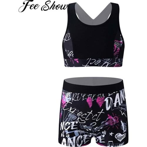 Kids Girls Sport Suit Yoga Sets Modern Dance Costumes Stretchy Sport Vest Tops and Shorts Set Sportswear for Running Gym Workout