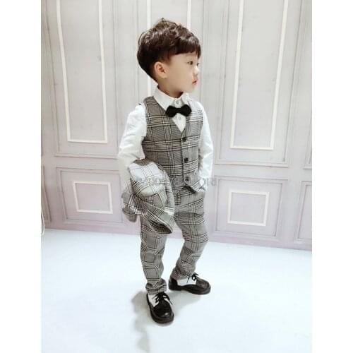 Flower Boys 3Pcs Formal Plaid Wedding Suit Kids England Style Jacket +Pant Waistcoat Suit for Boys Kids Party Costume