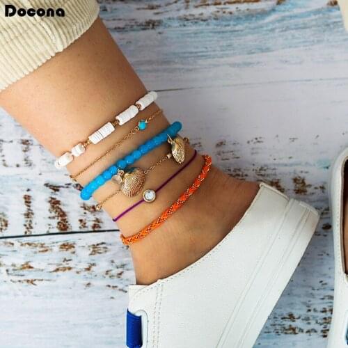 Docona 6pcs/set Boho jewelry Shell Pendant Ankle bracelet Crystal Anklets for women Leg chain Bracelet beach Tobilleras 9088