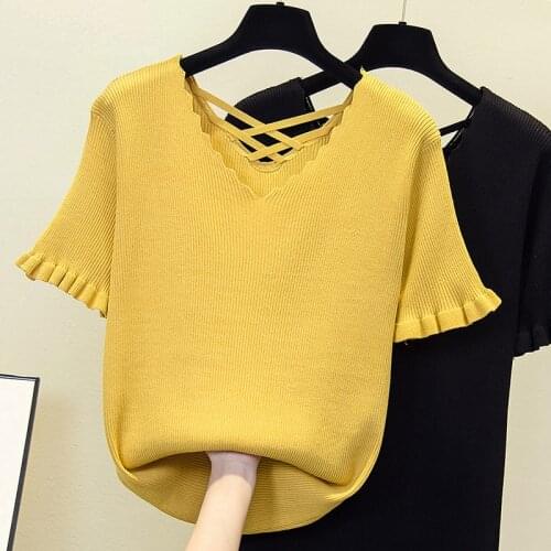L-4XL plus size women sexy v neck Bandage kint pullover short sleeve solid loose casual thin basic Oversized sweaters jumper