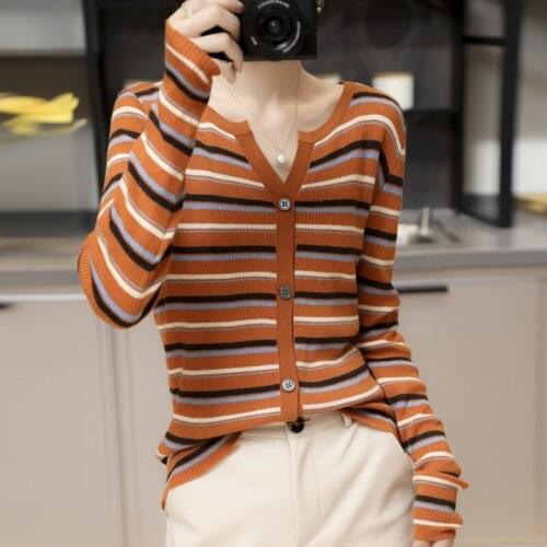 Fashion Cashmere Sweaters Women Sriped Cardigans Sweater Special V-neck Wool Cardigan Winter Vintage Knit Jacket Femme Coat