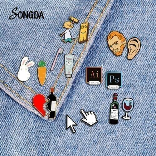 Cartoon 2Pcs/Set Acrylic Brooch and Pin PS AI Cursor Icon Red Wine Bottle Van Gogh Portrait Rabbit Epoxy Pins Brooch Collection