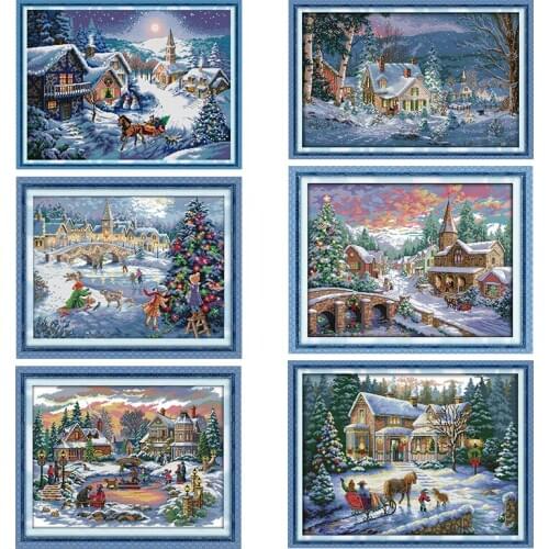 Printed Cross Stitch Set Embroidery for Needlework Christmas Snowscape Pattern 11CT 14CT Counted DIY Handmade Stamped Fabric Kit