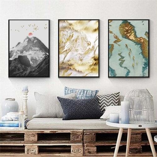Wall Art Abstract Golden Grey Mountain Painting Modern Landscape Picture Nordic Canvas Posters Prints for Living Room Decoration