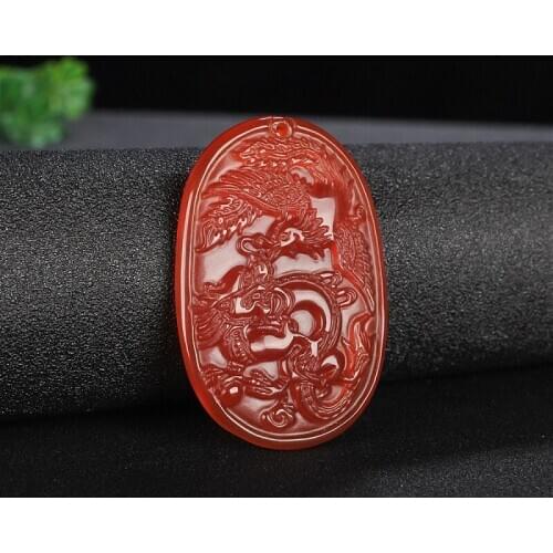 Natural Red Agate Dragon Phoenix Jade Pendant Necklace Chalcedony Carved Fashion Charm Jewelry Amulet for Men Women Lucky Gifts