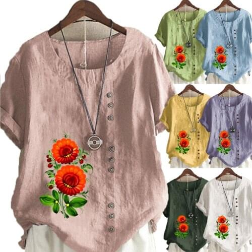 New Women Summer Casual Flower Print Loose T-shirts Vintage Round Neck Plus Size Short Sleeve Blouse Tops S-5XL