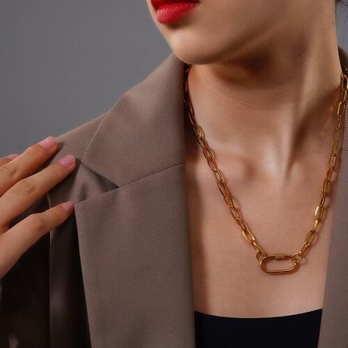 FANSHIDI Stainless Steel Oval Carabiner Necklace Jewelry Cubic Zirconia Collar Necklace Gold Color For Women
