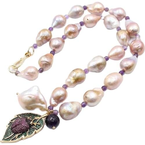 GG Jewelry Natural Purple Keshi Pearl Necklace CZ Animal Insect Leaf Baroque Pearl Amethyst Pendant Handmade For Women