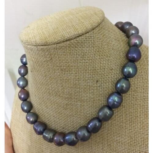 Stunning 12-13mm tahitian black green baroque pearl necklace 18inch