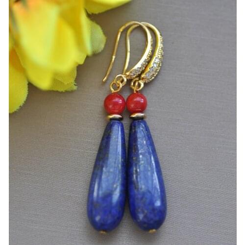 Z10226 30mm Natural Drop blue lapis lazuli Red Coral Dangle Earring CZ