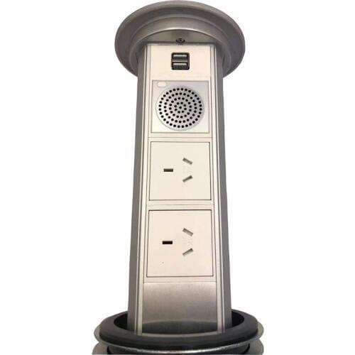 Hidden Pop Up Socket with Bluetooth Speaker Smart Socket for Kitchen Desktop 2 AU Power outlets,2 USB Charger Ports, Silver/Dark