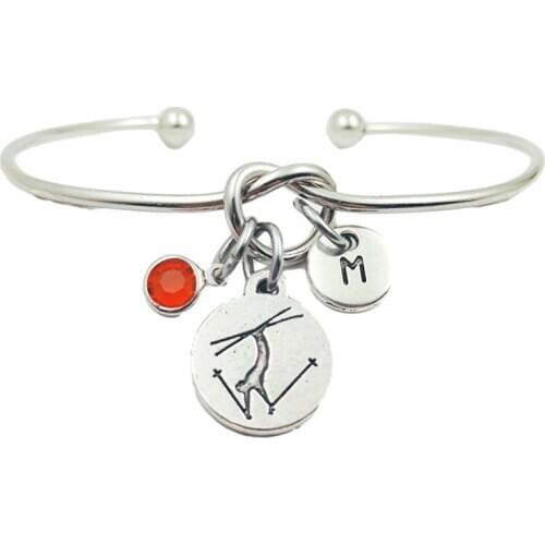 Skiing Sport Creative Initial Letter Monogram Birthstone Adjustable Bracelet Fashion Jewelry Women Gift Pendant