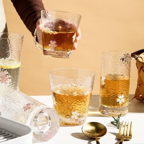 Cherry Blossom Pattern Glass Cups Heat-Resistant Drinkware Coffee Milk Tea Cup Water Glass Creative Bump Cocktail Vodka Wine Mug