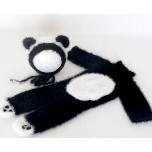 Vintage Newborn Fluffy Animal Suit Chunky Cute Panda Hat and Romper Knitted Baby Boy Footed Pants Infant Clothes Panda Hat Props