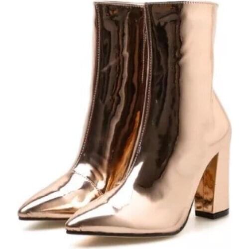 Thick High Heels Women Ankle Boots Pointed Toe Zip Footwear PU Patent Leather Female Boot Shoes Woman New Boots