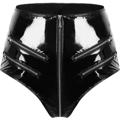 Women Sexy Opening Crotch Glossy Zipper Latex Bag Hip Pants Sexi Leather Shorts for Sex Erotic Porn Below Crotchless Underwear