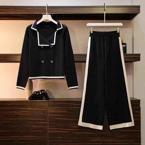 Ladies Two-piece Spring and Summer New Plus Size Sweater Suit Korean Version of High Waist Wide Leg Cropped Pants