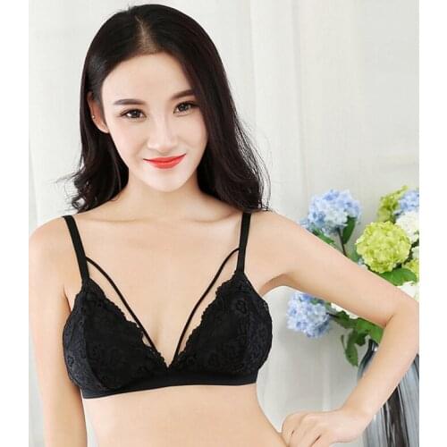 New Fashion Women Deep V Black White Sexy Soft Bralette Flower Soft Small Chest Embroidery Print Bras