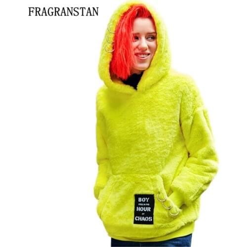 2018 New Spring Autumn Female Fashion Hooded Flocking Pullovers Warm Women Letter Pocket Sweatshirt High Quality Casual Top Q599