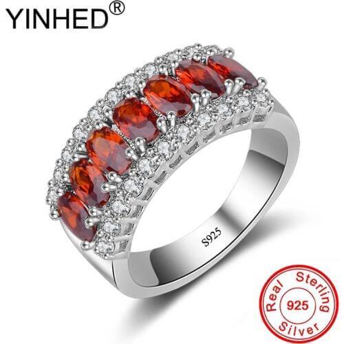 YINHED Real 925 Sterling Silver Engagement Ring 7pcs Garnet Red Cubic Zirconia Wedding Band Rings for Women Fine Jewelry ZR520