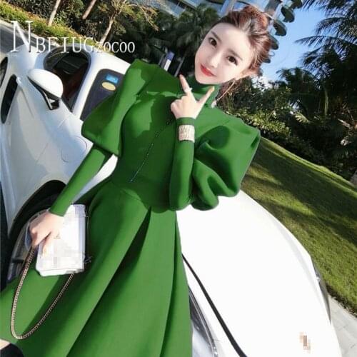 Spring Autumn Korean Temperament Women Dress Turtleneck Puff Sleeve French Female Dresses
